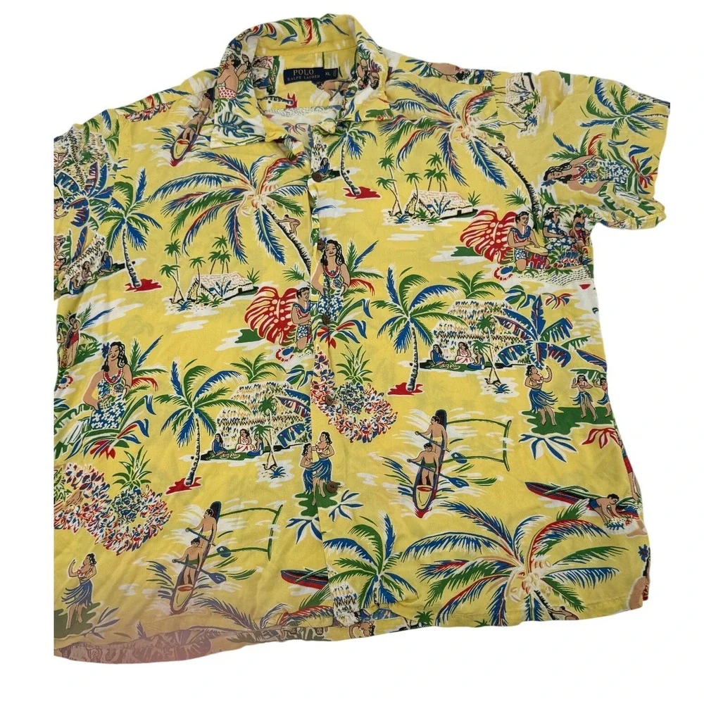 Polo Ralph Lauren Hula Girl Hawaiian Shirt Mens XL Yellow Viscose Tropical Camp
